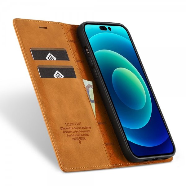 Lc.Imeeke iPhone 14 Pro Etui med Kortlomme flipp Brun