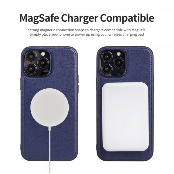iPhone 14 Pro Max Etui Ekte Skinn MagSafe Blå