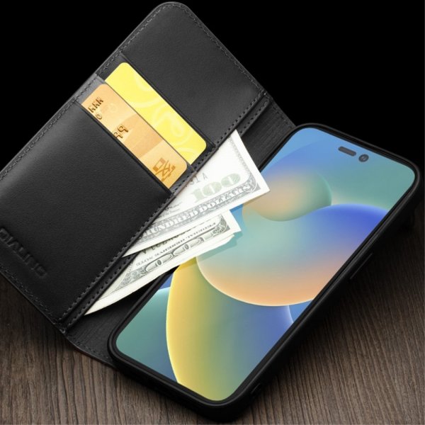 Qialino iPhone 14 Pro Max Etui Ekte Skinn Svart
