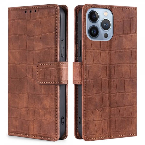 iPhone 14 Pro Max Etui Krokodillemønster Brun