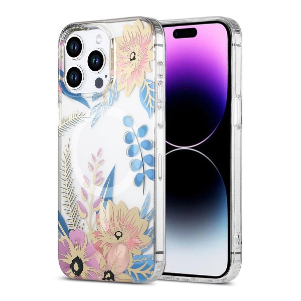 iPhone 14 Pro Max Deksel Blomstermønster MagSafe Rosa Blå