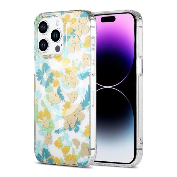 iPhone 14 Pro Max Deksel Blomstermønster MagSafe Turkis