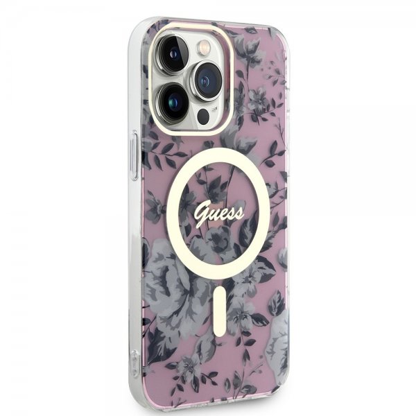 Guess iPhone 14 Pro Max Deksel Flower MagSafe Rosa