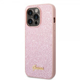 Guess iPhone 14 Pro Max Deksel Glitter Flakes Metal Logo Rosa