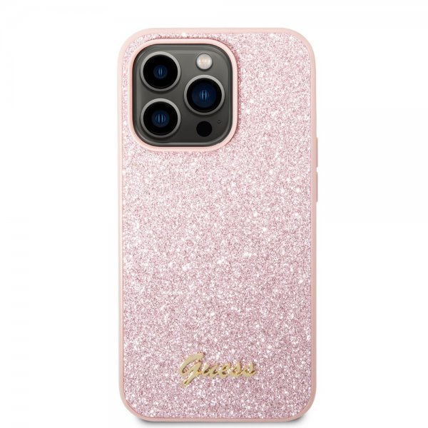 Guess iPhone 14 Pro Max Deksel Glitter Flakes Metal Logo Rosa