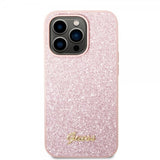 Guess iPhone 14 Pro Max Deksel Glitter Flakes Metal Logo Rosa