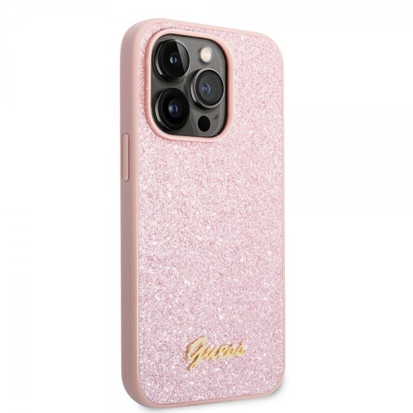 Guess iPhone 14 Pro Max Deksel Glitter Flakes Metal Logo Rosa