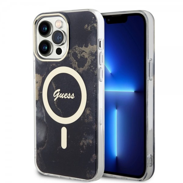 Guess iPhone 14 Pro Max Deksel Golden Marble MagSafe Svart