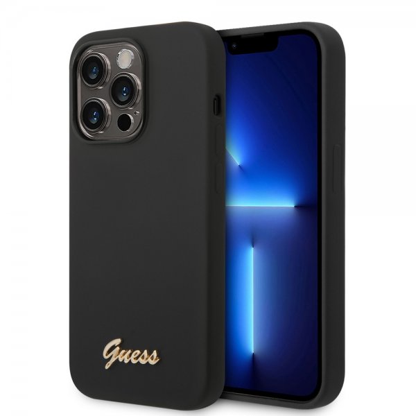 Guess iPhone 14 Pro Max Deksel Liquid Silicone Metal Logo Svart