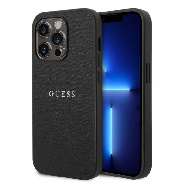 Guess iPhone 14 Pro Max Deksel Saffiano Metal Logo Stripes Svart