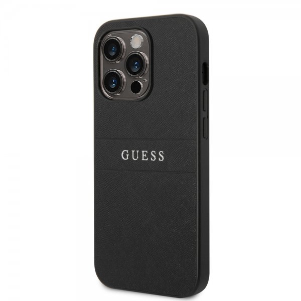 Guess iPhone 14 Pro Max Deksel Saffiano Metal Logo Stripes Svart
