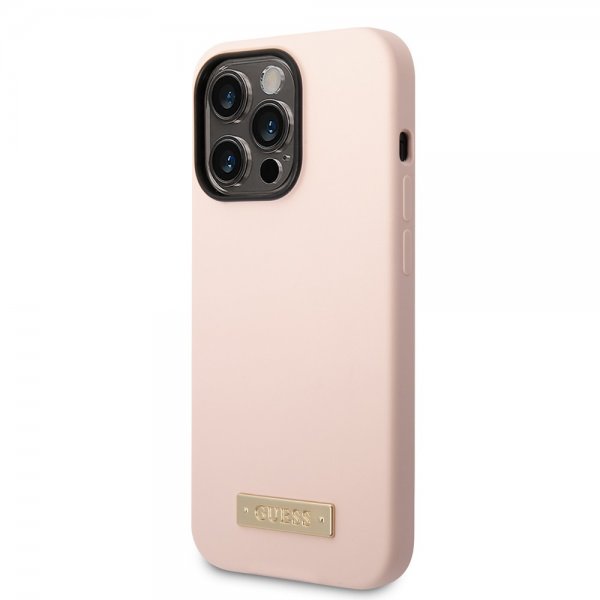 Guess iPhone 14 Pro Max Deksel Silicone Metal Plate MagSafe Rosa