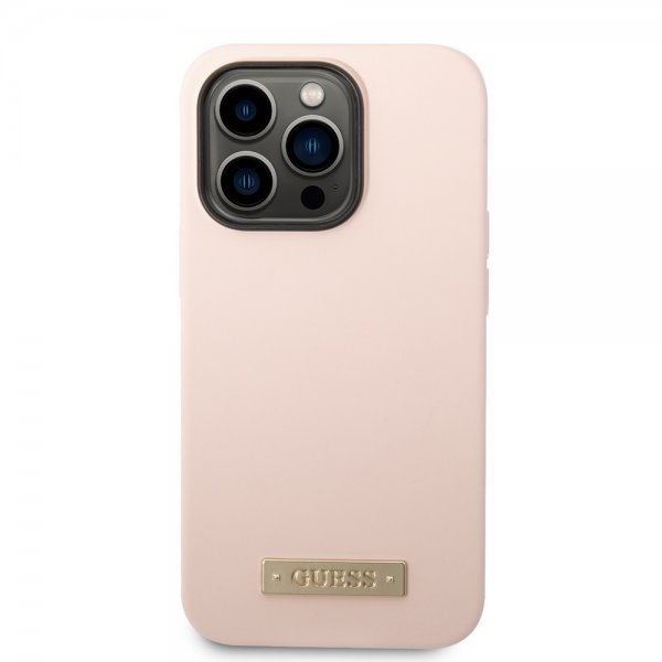 Guess iPhone 14 Pro Max Deksel Silicone Metal Plate MagSafe Rosa