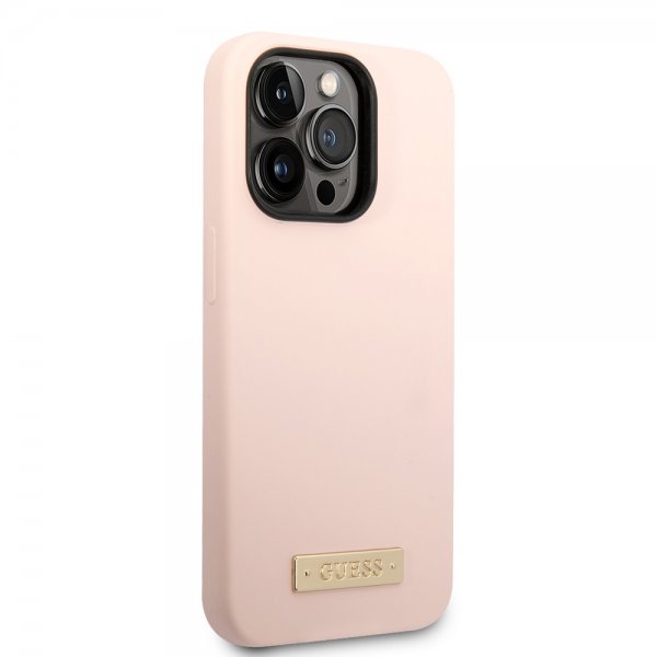 Guess iPhone 14 Pro Max Deksel Silicone Metal Plate MagSafe Rosa