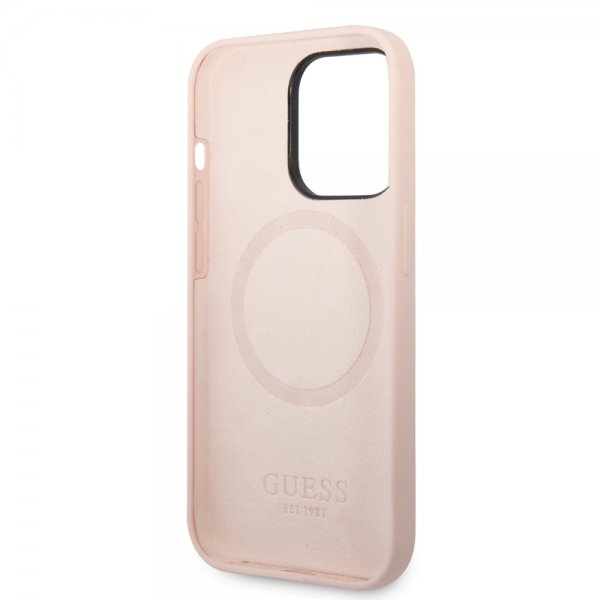 Guess iPhone 14 Pro Max Deksel Silicone Metal Plate MagSafe Rosa