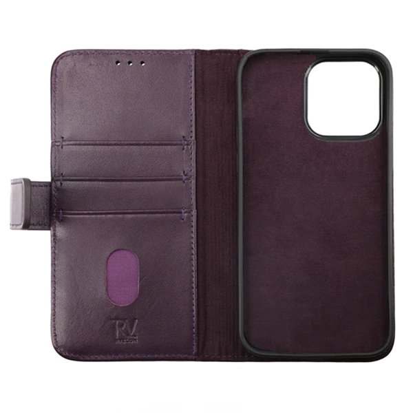 Rvelon iPhone 14 Pro Etui Ekte skinn Kortlommer Lilla