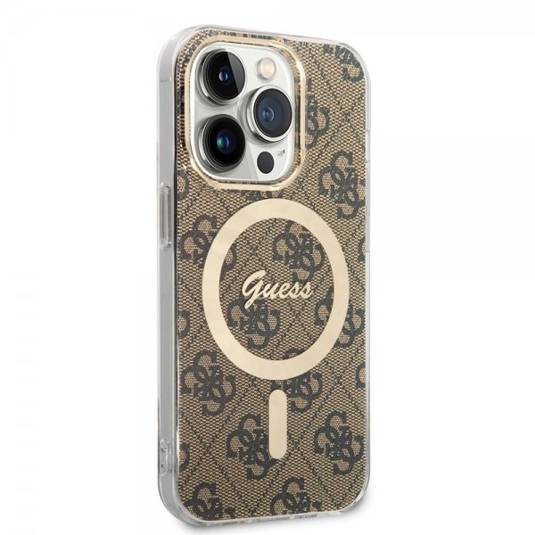 Guess iPhone 14 Pro Deksel 4G Pattern MagSafe Brun