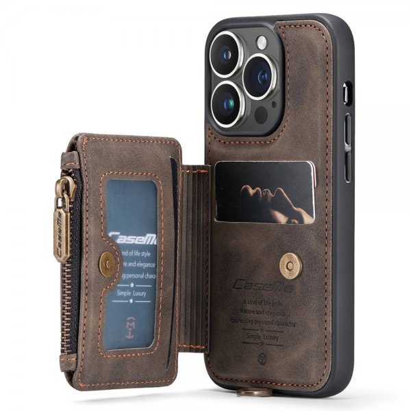 CaseMe iPhone 14 Pro Deksel C20 Kortlomme Glidelås Brun