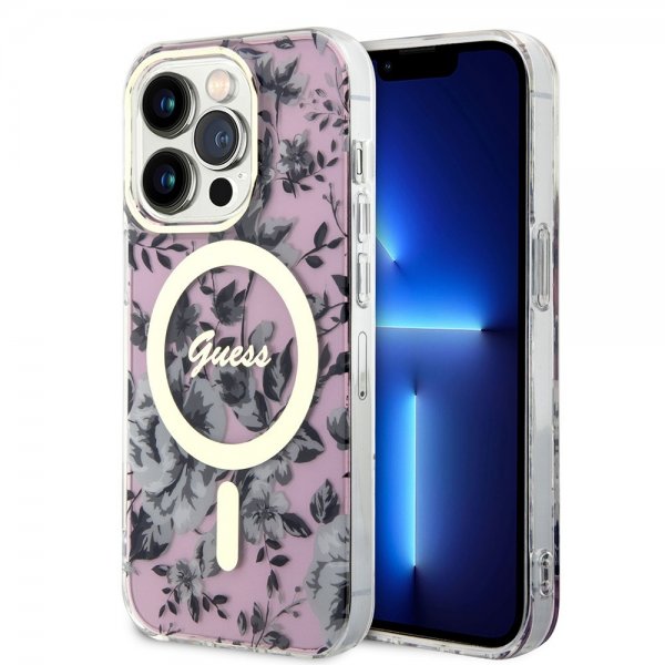 Guess iPhone 14 Pro Deksel Flower MagSafe Rosa
