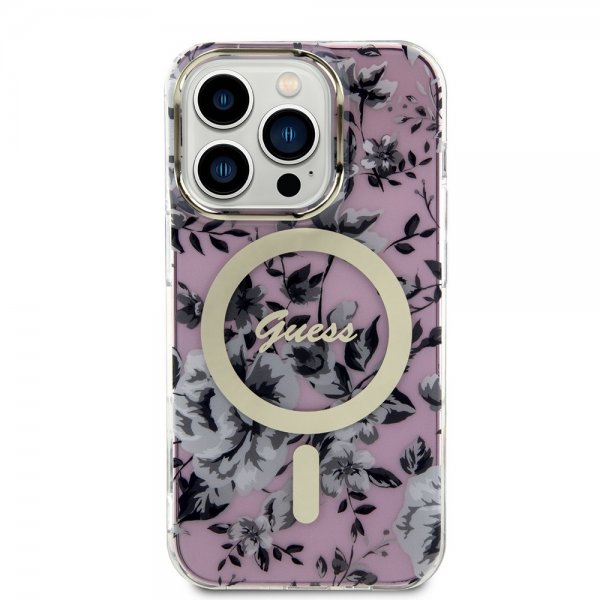 Guess iPhone 14 Pro Deksel Flower MagSafe Rosa