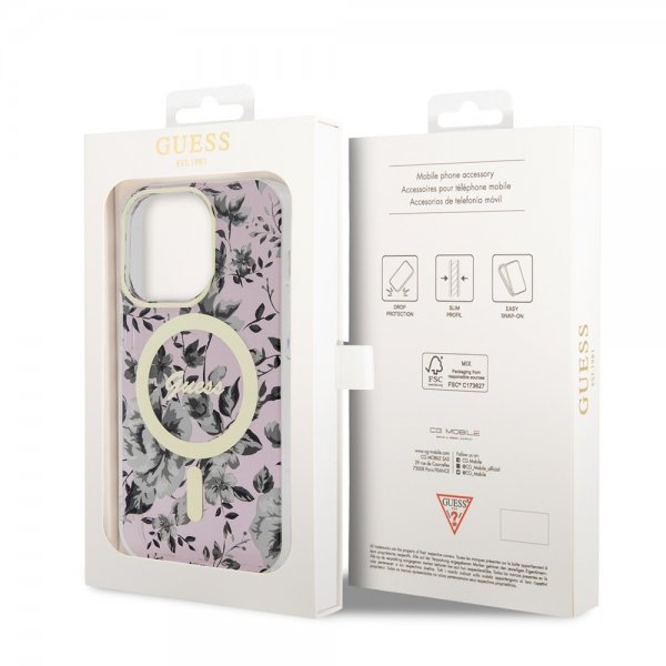 Guess iPhone 14 Pro Deksel Flower MagSafe Rosa