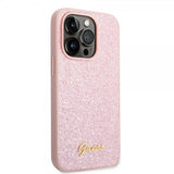 Guess iPhone 14 Pro Deksel Glitter Flakes Metal Logo Rosa