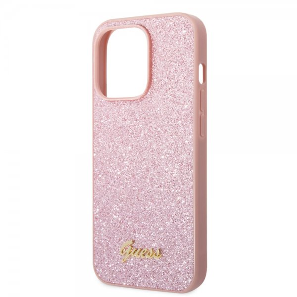 Guess iPhone 14 Pro Deksel Glitter Flakes Metal Logo Rosa