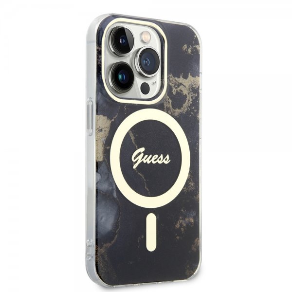 Guess iPhone 14 Pro Deksel Golden Marble MagSafe Svart