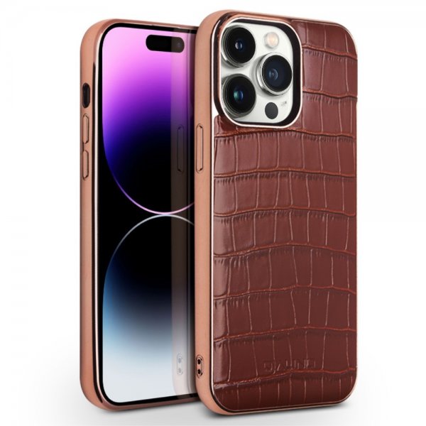 Qialino iPhone 14 Pro Deksel Krokodillemønster MagSafe Brun