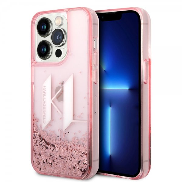 Karl Lagerfeld iPhone 14 Pro Deksel Liquid Glitter Big Logo Rosa