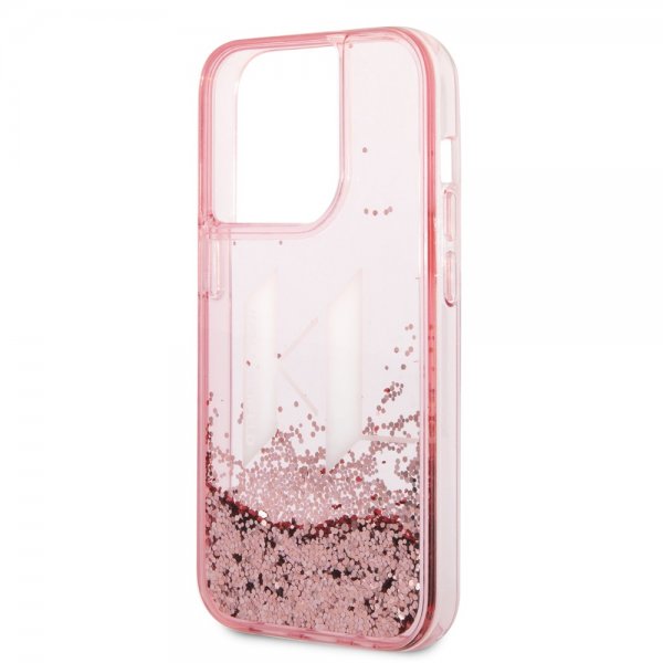 Karl Lagerfeld iPhone 14 Pro Deksel Liquid Glitter Big Logo Rosa