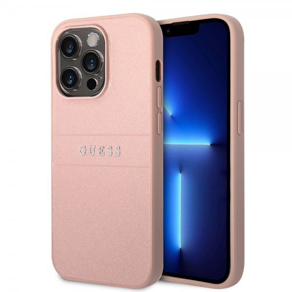 Guess iPhone 14 Pro Deksel Saffiano Metal Logo Stripes Rosa