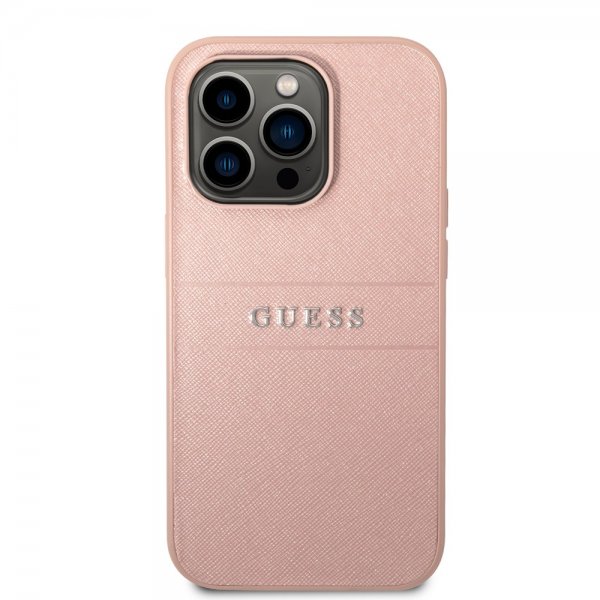 Guess iPhone 14 Pro Deksel Saffiano Metal Logo Stripes Rosa