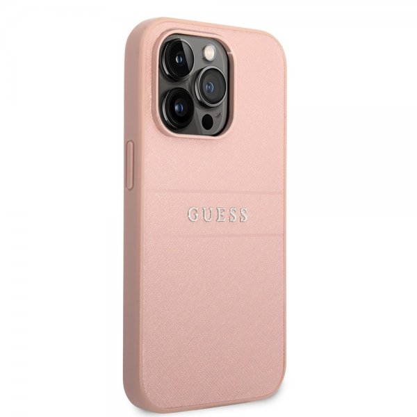 Guess iPhone 14 Pro Deksel Saffiano Metal Logo Stripes Rosa