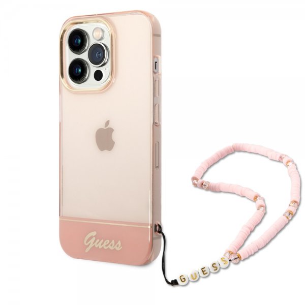 Guess iPhone 14 Pro Deksel Translucent with Strap Rosa
