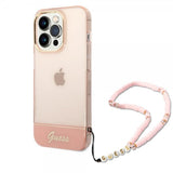 Guess iPhone 14 Pro Deksel Translucent with Strap Rosa