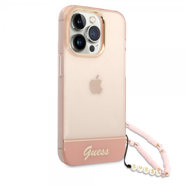 Guess iPhone 14 Pro Deksel Translucent with Strap Rosa