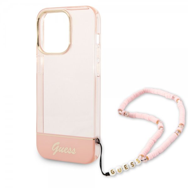 Guess iPhone 14 Pro Deksel Translucent with Strap Rosa