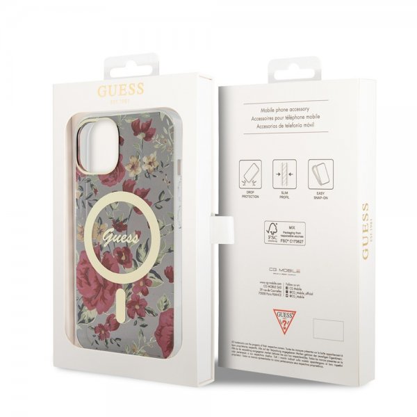 Guess iPhone 14 Deksel Flower MagSafe Kaki