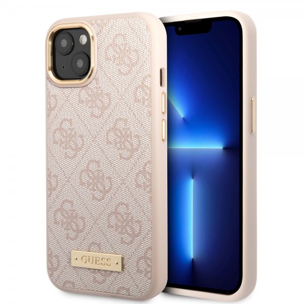 Guess iPhone 14 Deksel Metal Plate Logo MagSafe Rosa