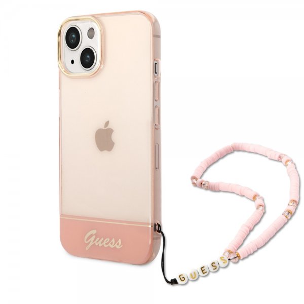 Guess iPhone 14 Deksel Translucent with Strap Rosa