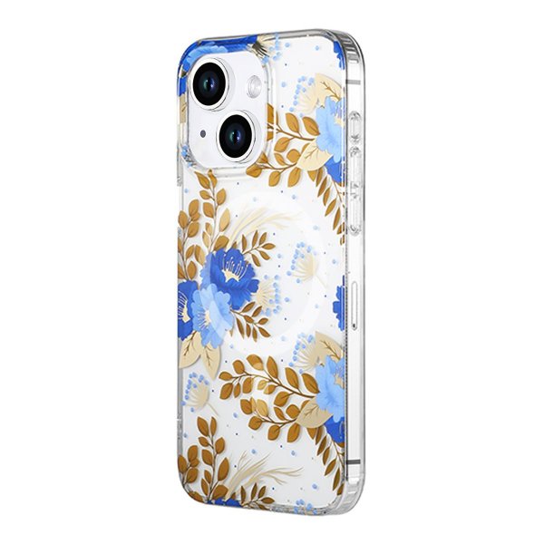 iPhone 14 Plus/iPhone 15 Plus Deksel Blomstermønster MagSafe Blå Gull