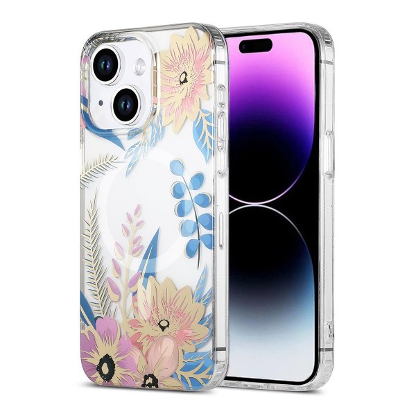 iPhone 14 Plus/iPhone 15 Plus Deksel Blomstermønster MagSafe Rosa Blå
