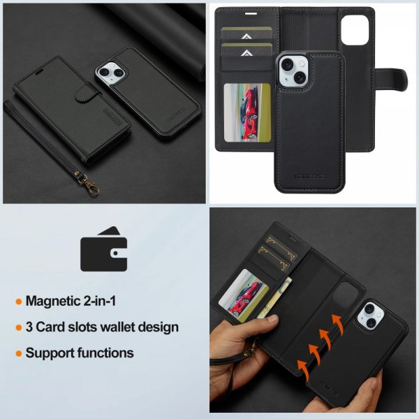 Lc.Imeeke iPhone 15 Etui Avtagbart Deksel L2 Series MagSafe Svart