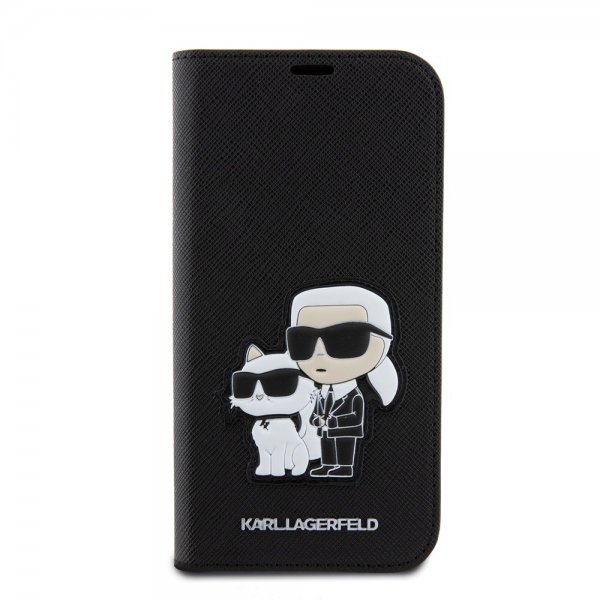 Karl Lagerfeld iPhone 15 Etui NFT Karl & Choupette Patch Saffiano Svart