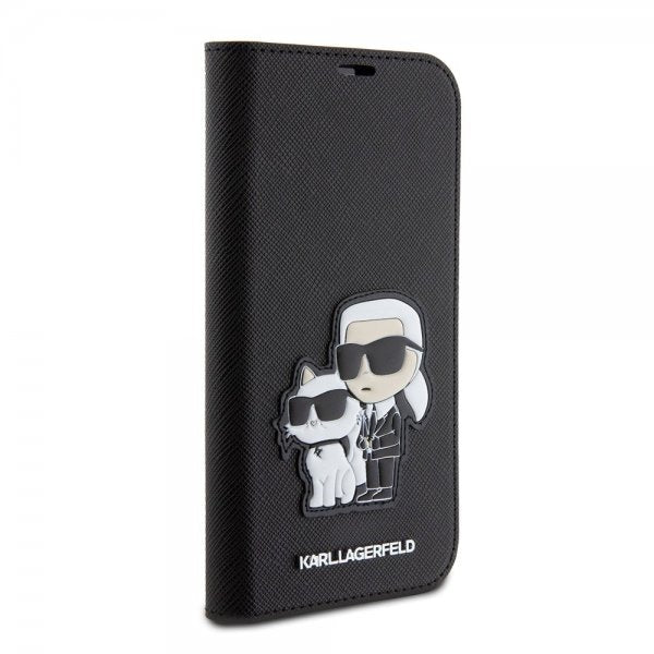 Karl Lagerfeld iPhone 15 Etui NFT Karl & Choupette Patch Saffiano Svart
