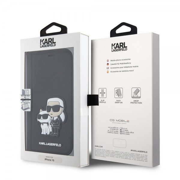 Karl Lagerfeld iPhone 15 Etui NFT Karl & Choupette Patch Saffiano Svart