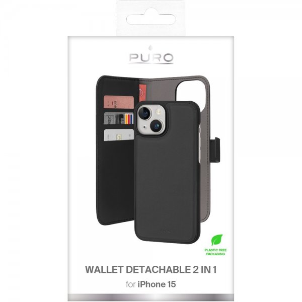 Puro iPhone 15 Etui Wallet Detachable 2 in 1 Svart