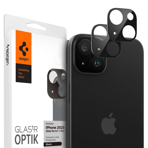 Spigen iPhone 14/15/14 Plus/15 Plus Kamerabeskytter Glas.tR Optik Svart 2-pakning