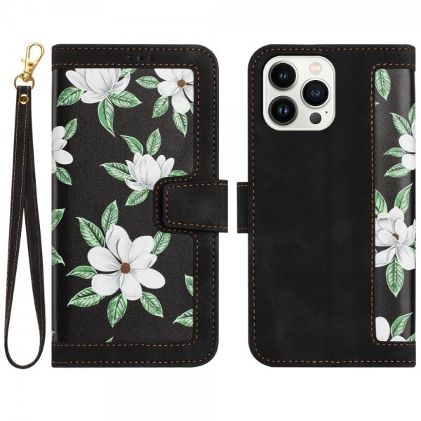 iPhone 15 Plus Etui Blomstermønster Svart